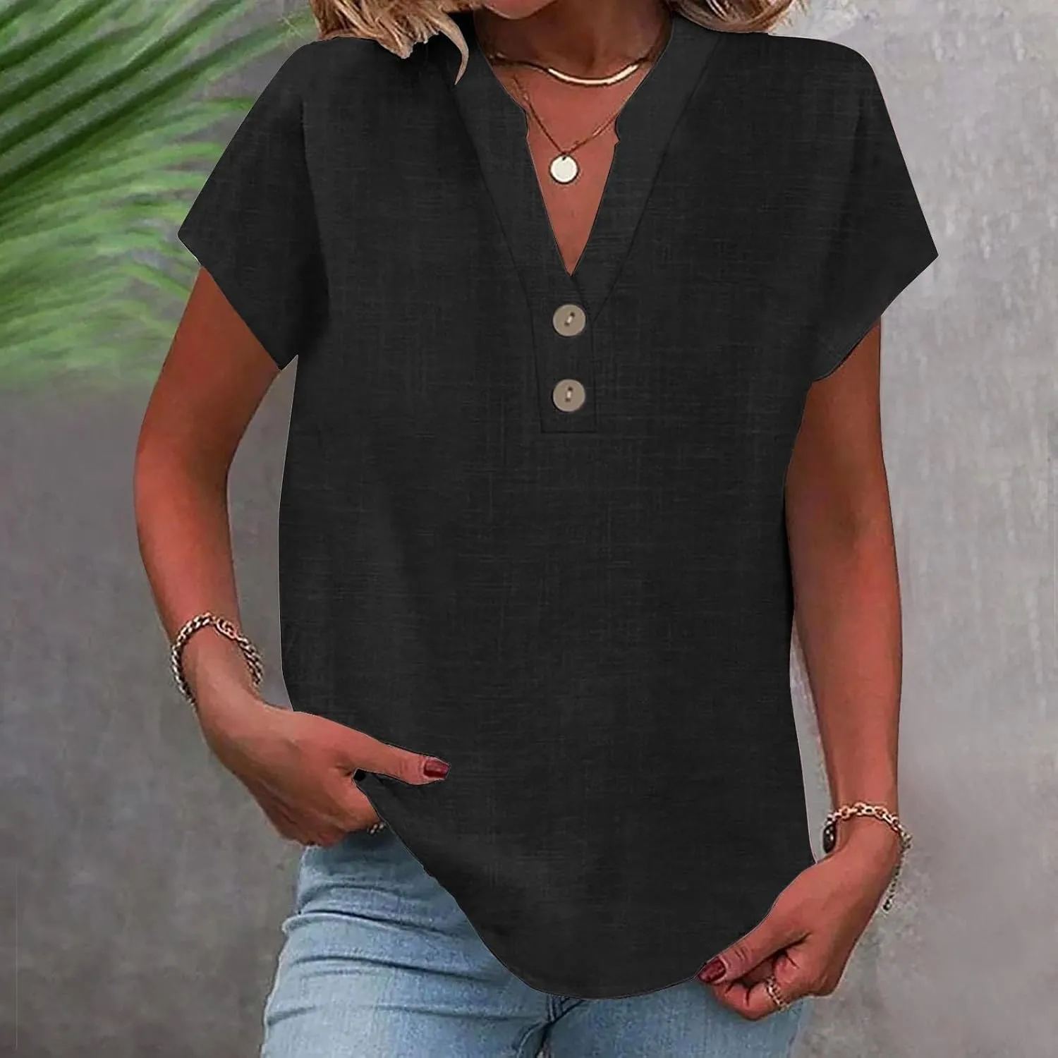 2025 Womens Summer Cotton Linen Tops Trendy Plus Size Button Notch V Neck Short Sleeve Blouses Loose Flowy Work Shirts