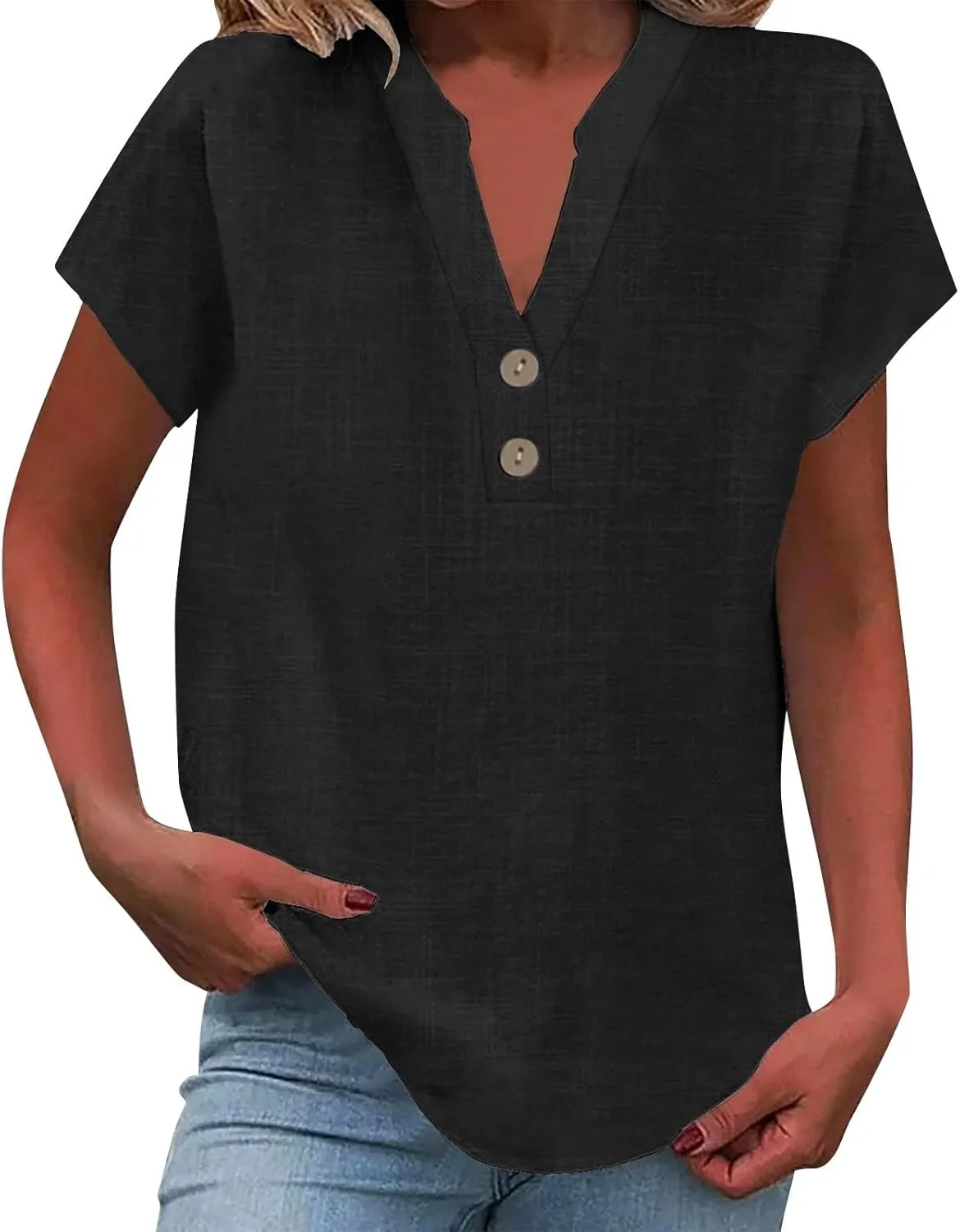2025 Womens Summer Cotton Linen Tops Trendy Plus Size Button Notch V Neck Short Sleeve Blouses Loose Flowy Work Shirts