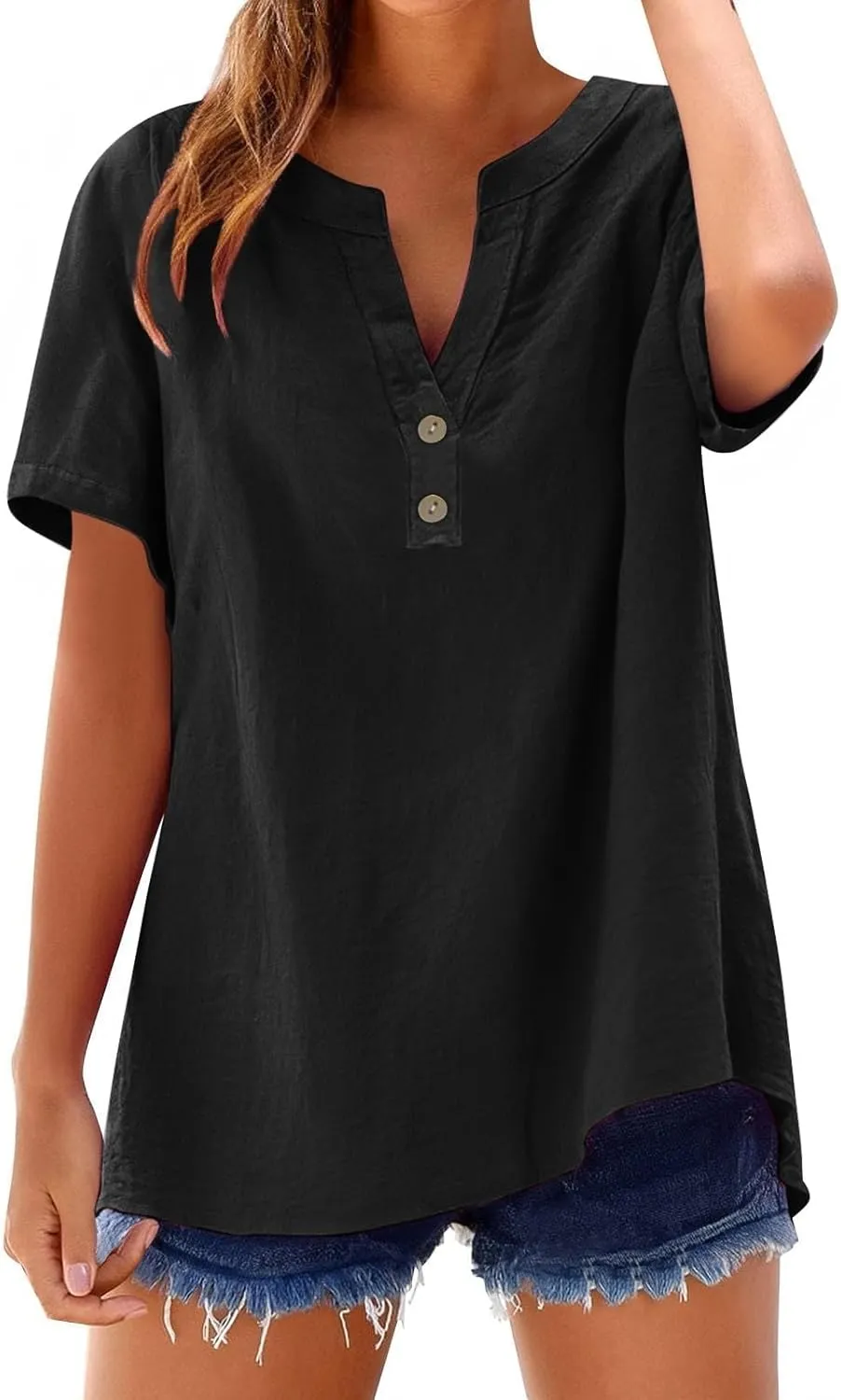 2025 Womens Summer Cotton Linen Tops Trendy Plus Size Button Notch V Neck Short Sleeve Blouses Loose Flowy Work Shirts