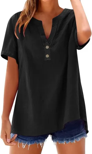 2025 Womens Summer Cotton Linen Tops Trendy Plus Size Button Notch V Neck Short Sleeve Blouses Loose Flowy Work Shirts