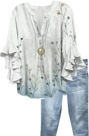 3/4 Length Sleeves Womens Tops - Floral Shirts Flowy Ruffle Sleeve Tops Half Button Down Shirt Summer V Neck Blouse