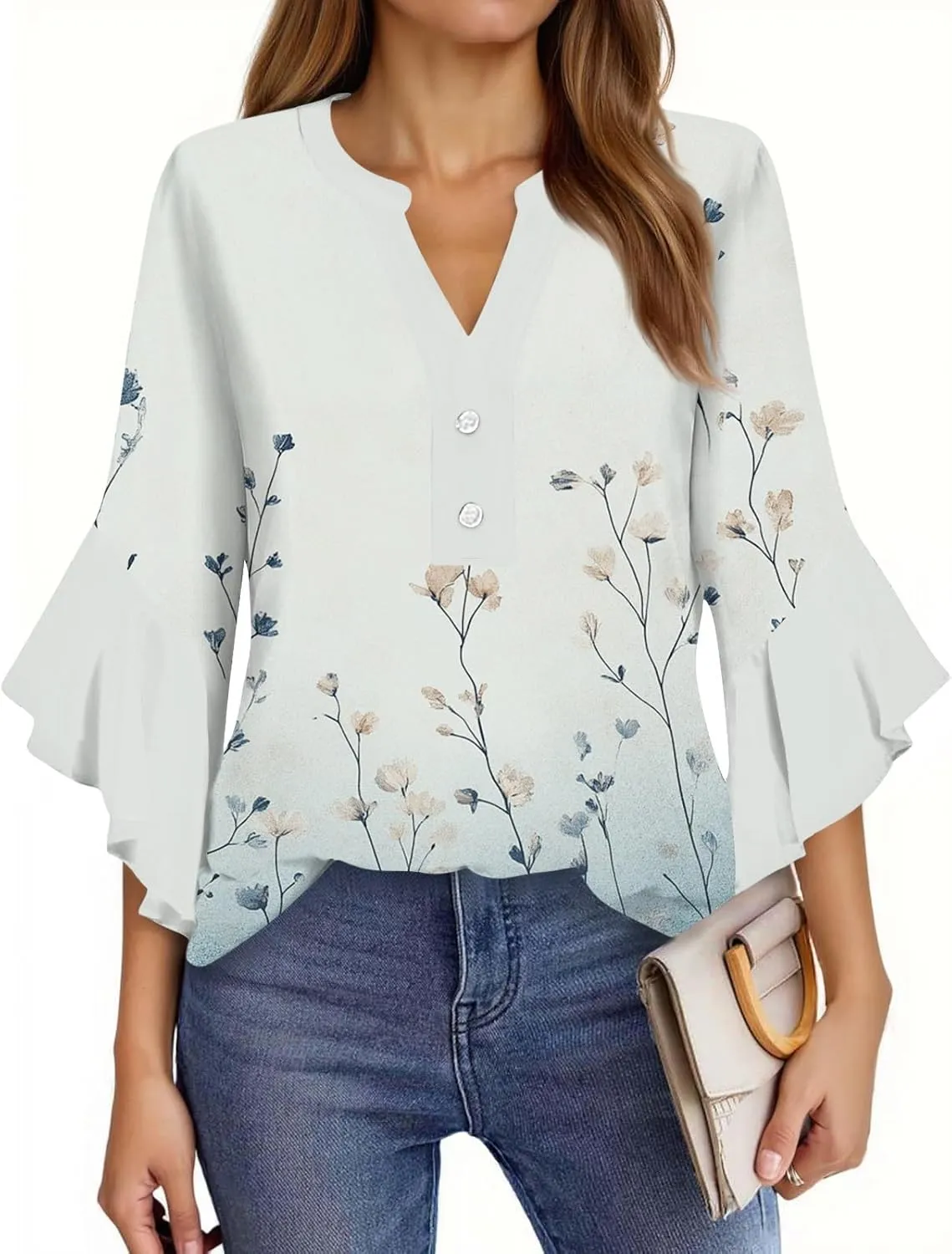 3/4 Length Sleeves Womens Tops - Floral Shirts Flowy Ruffle Sleeve Tops Half Button Down Shirt Summer V Neck Blouse