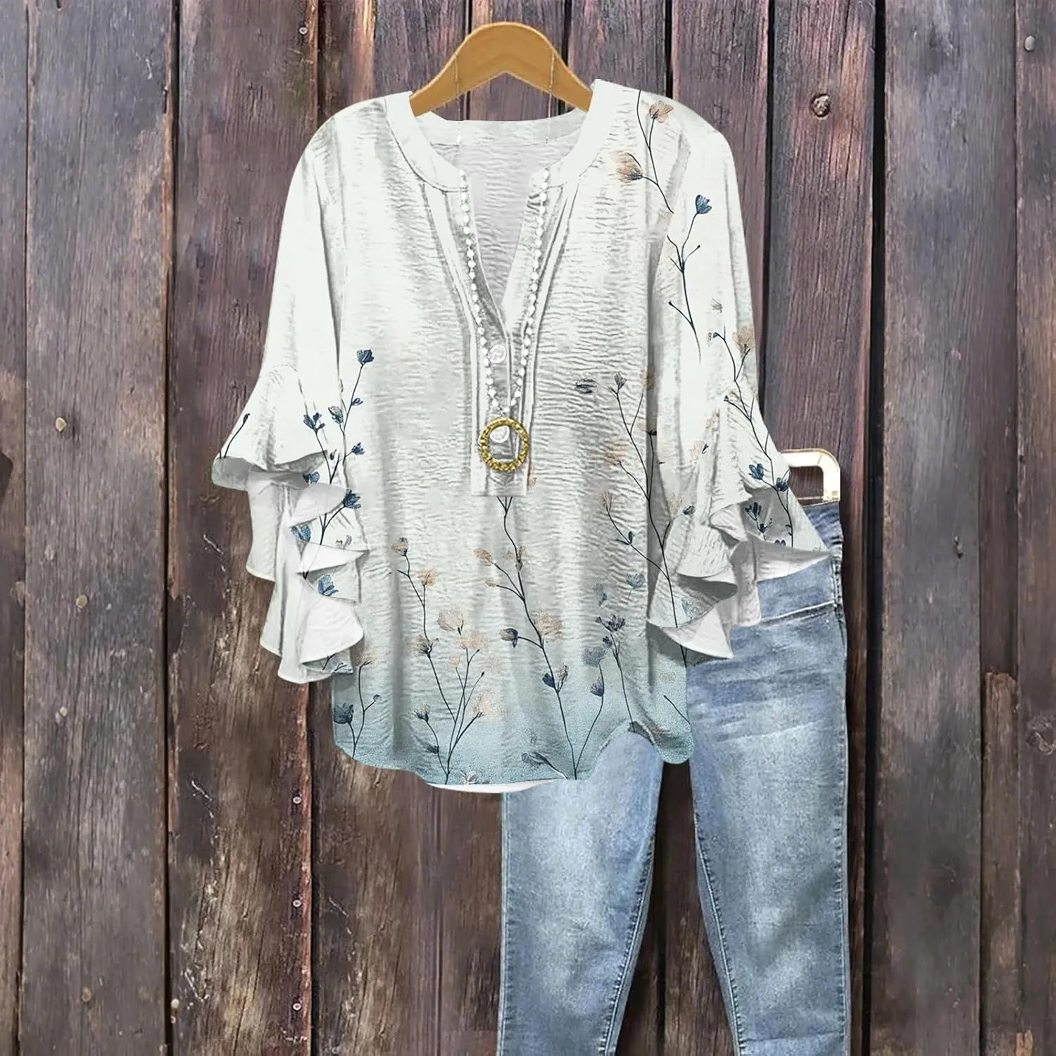 3/4 Length Sleeves Womens Tops - Floral Shirts Flowy Ruffle Sleeve Tops Half Button Down Shirt Summer V Neck Blouse
