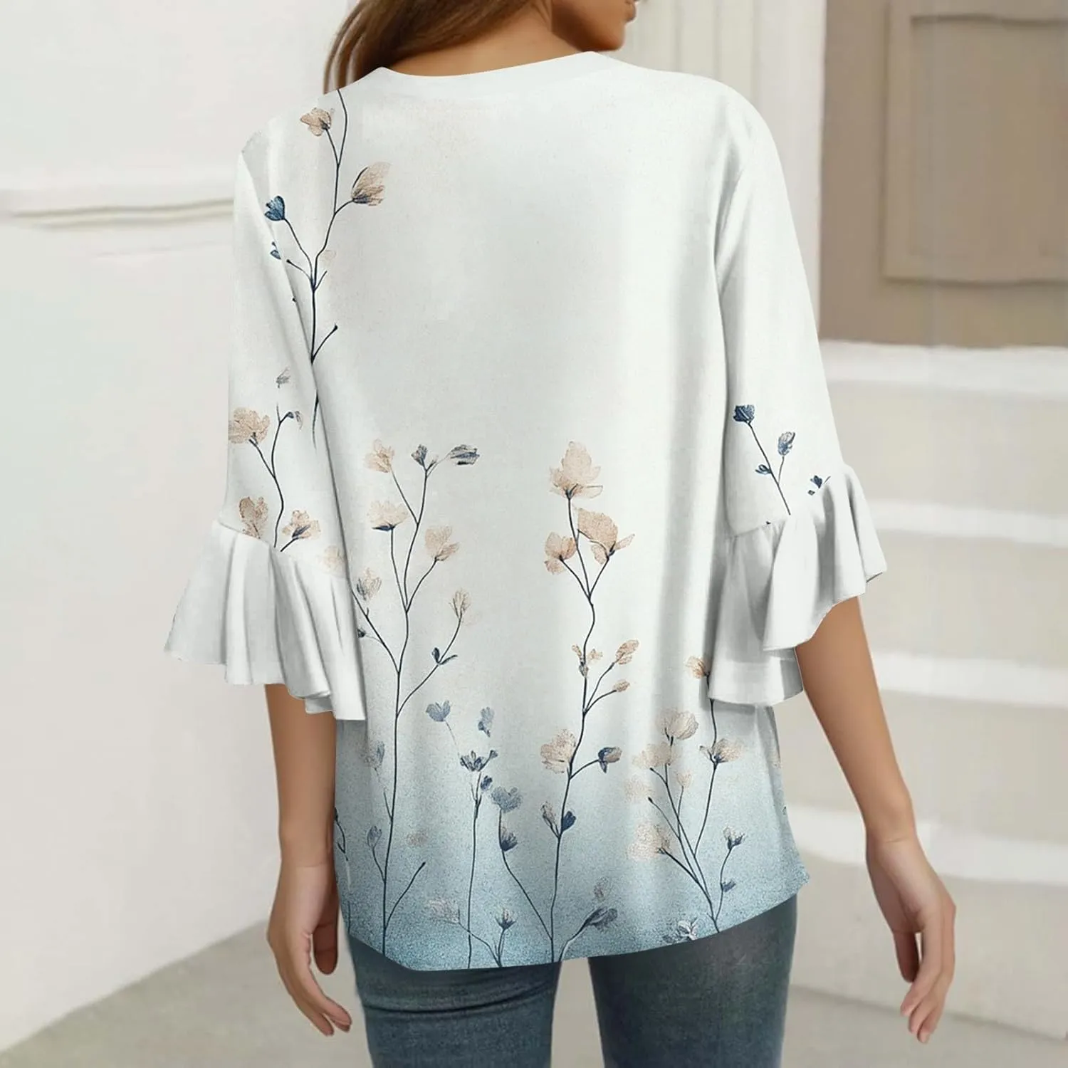 3/4 Length Sleeves Womens Tops - Floral Shirts Flowy Ruffle Sleeve Tops Half Button Down Shirt Summer V Neck Blouse
