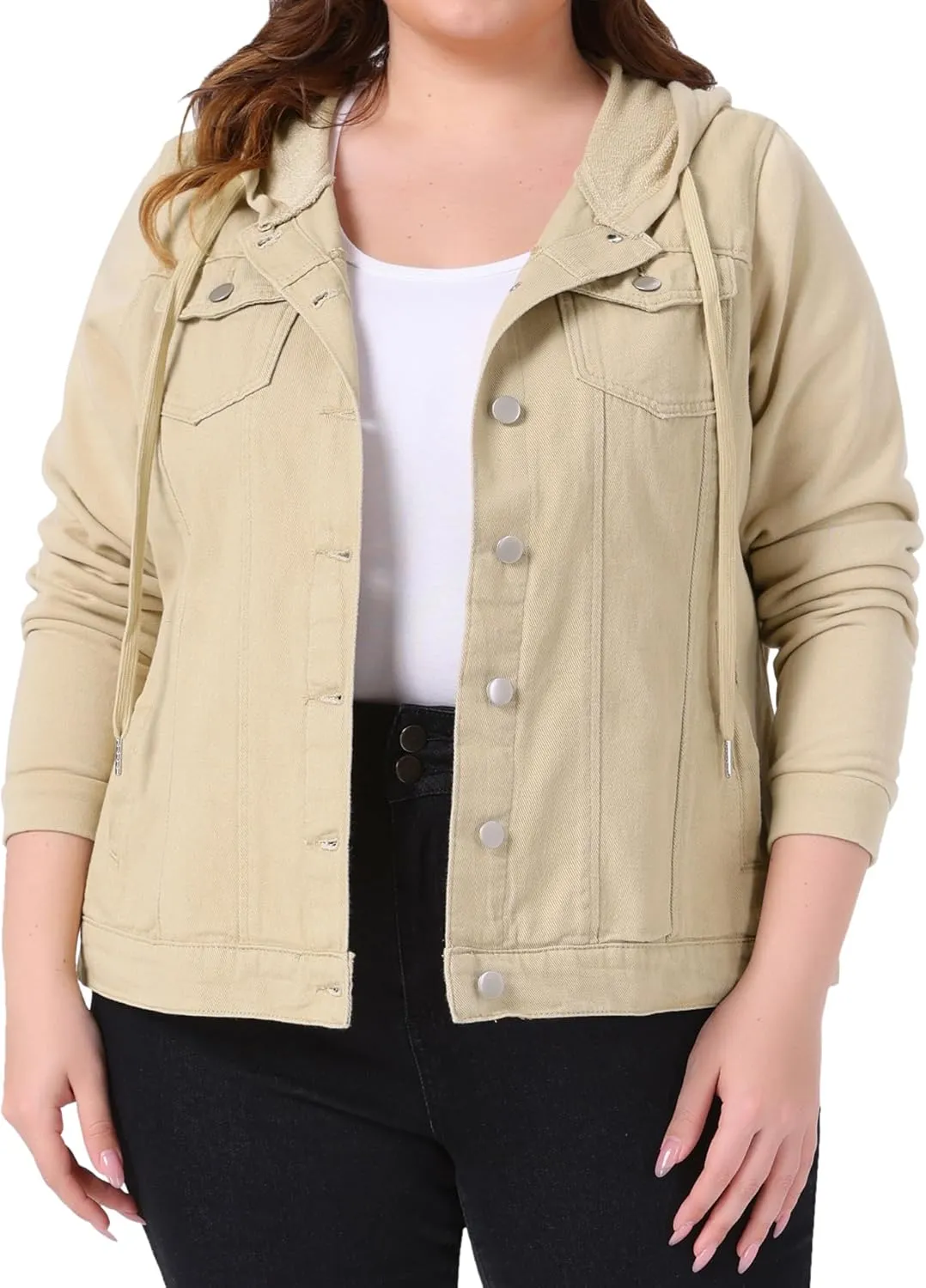 Agnes Orinda Women's Plus Size Denim Jacket with Hood Long Sleeve Western Outfit Casual Hoodie Jean Jackets