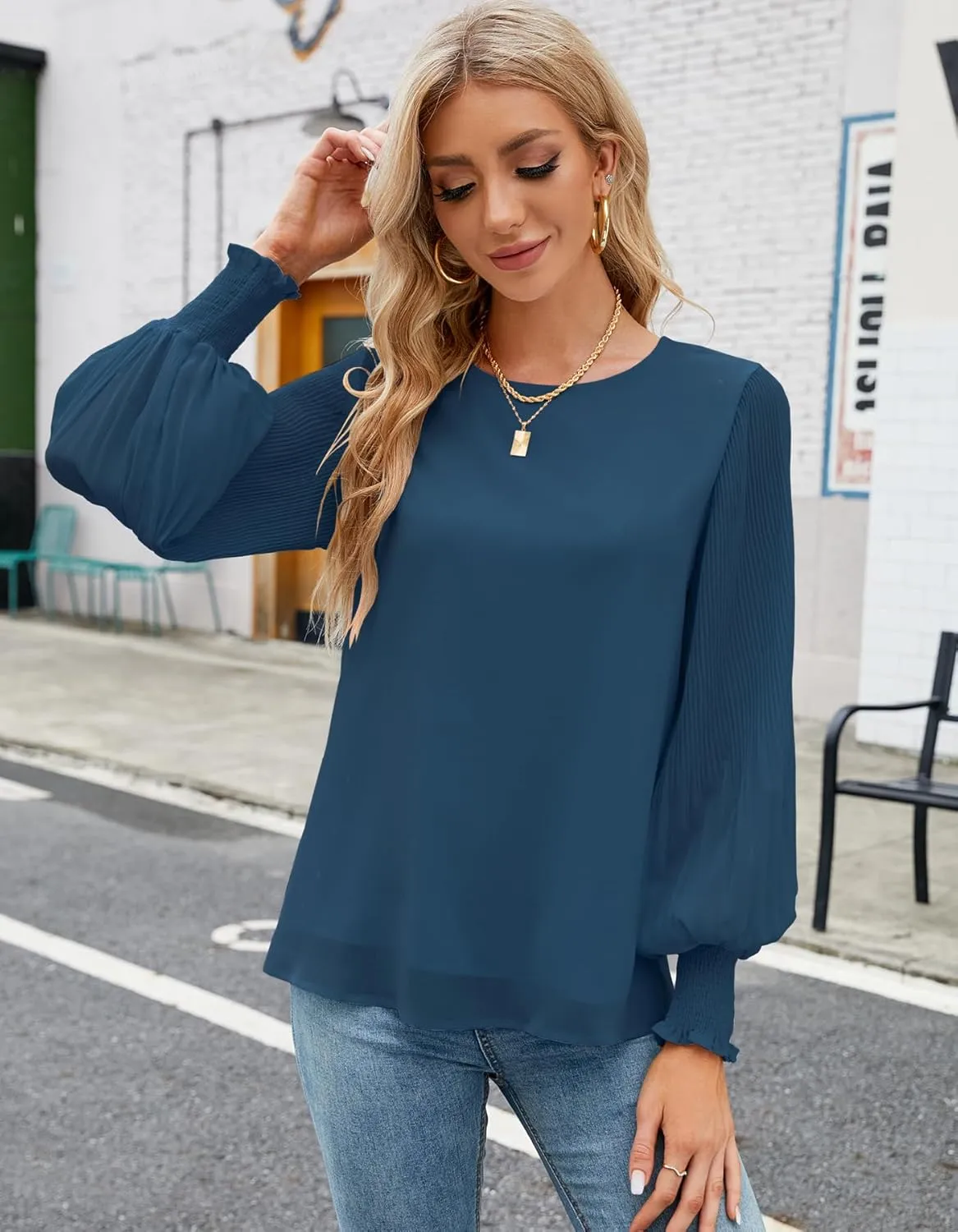 Aifer Womens Tops Dressy Casual Crew Neck Pleated Lantern Long Sleeve Work Shirts Chiffon Blouses Fashion 2025