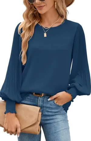 Aifer Womens Tops Dressy Casual Crew Neck Pleated Lantern Long Sleeve Work Shirts Chiffon Blouses Fashion 2025