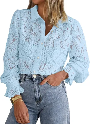 BTFBM Long Sleeve Lace Blouses for Women 2025 Spring Dressy Casual Button Down Shirts Date Night Outfit Club Party Tops