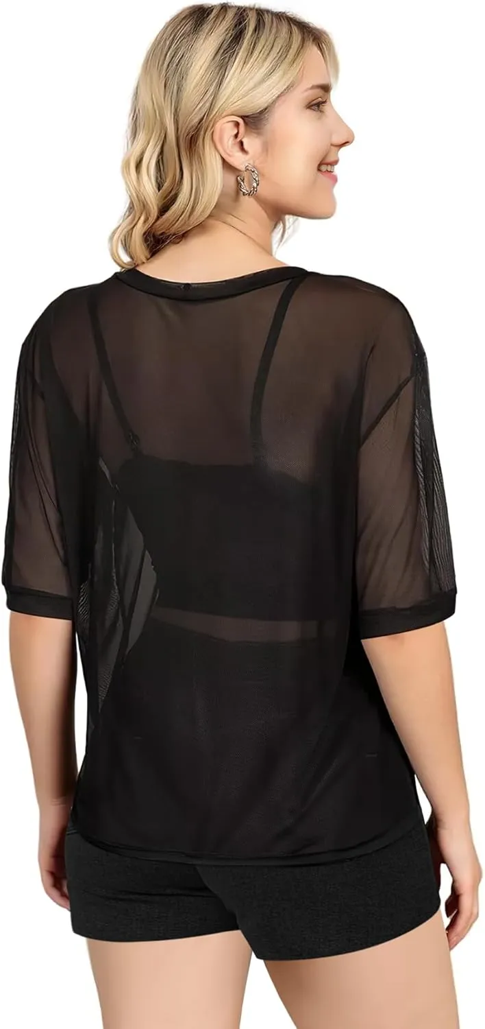 Buauty Women's Short Mesh Top, Sheer See Through Tops for Women, Summer Loose Short Sleeve T Shirt Fishnet Club Top