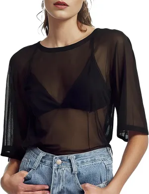Buauty Women's Short Mesh Top, Sheer See Through Tops for Women, Summer Loose Short Sleeve T Shirt Fishnet Club Top
