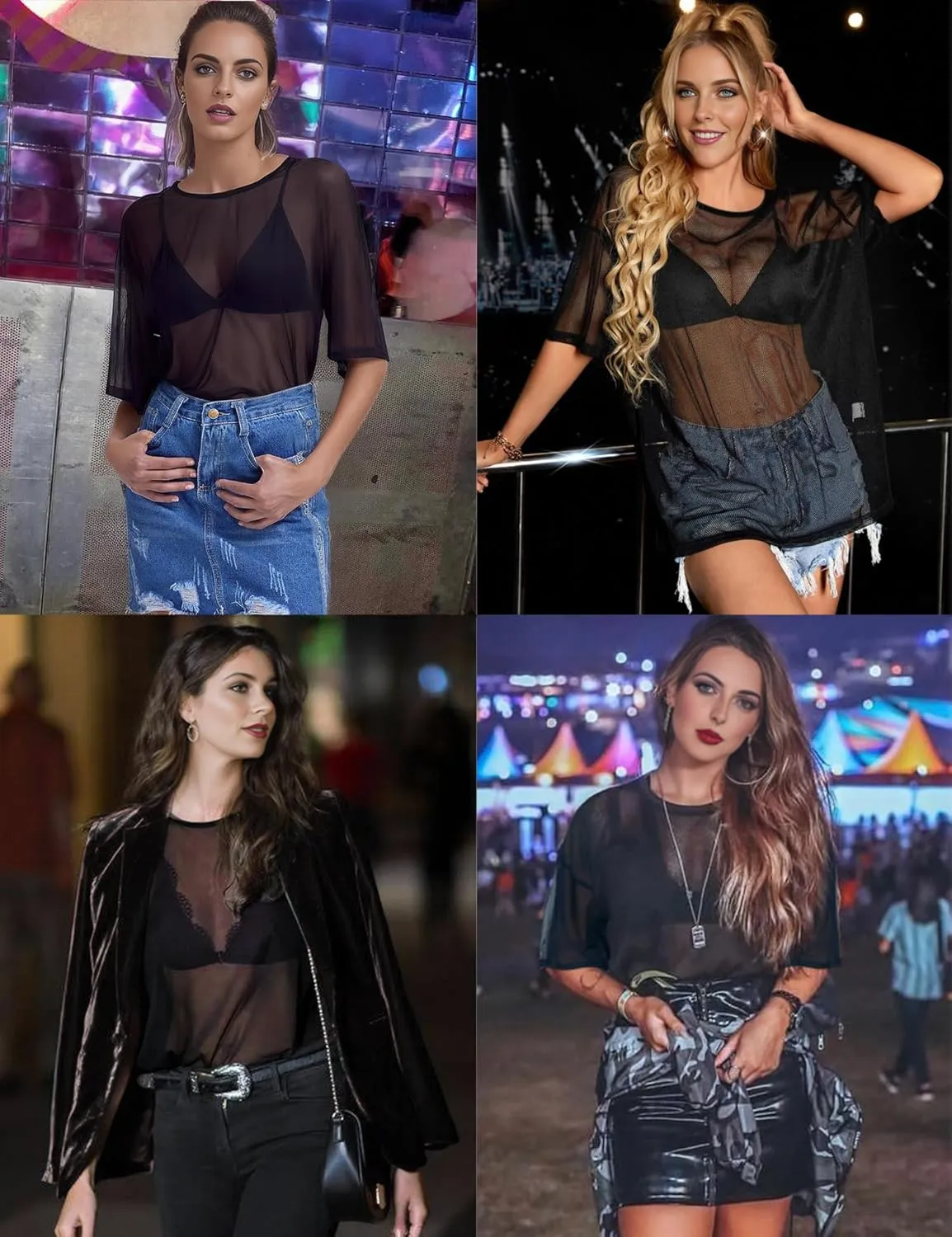Buauty Women's Short Mesh Top, Sheer See Through Tops for Women, Summer Loose Short Sleeve T Shirt Fishnet Club Top