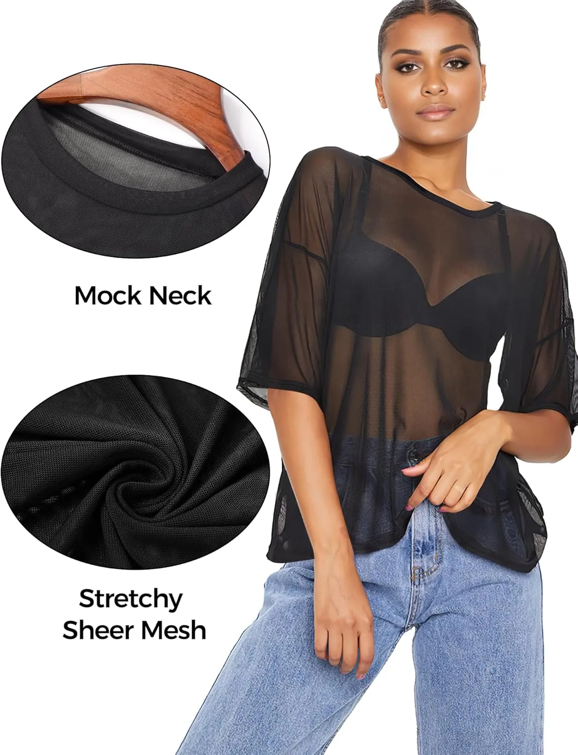 Buauty Women's Short Mesh Top, Sheer See Through Tops for Women, Summer Loose Short Sleeve T Shirt Fishnet Club Top
