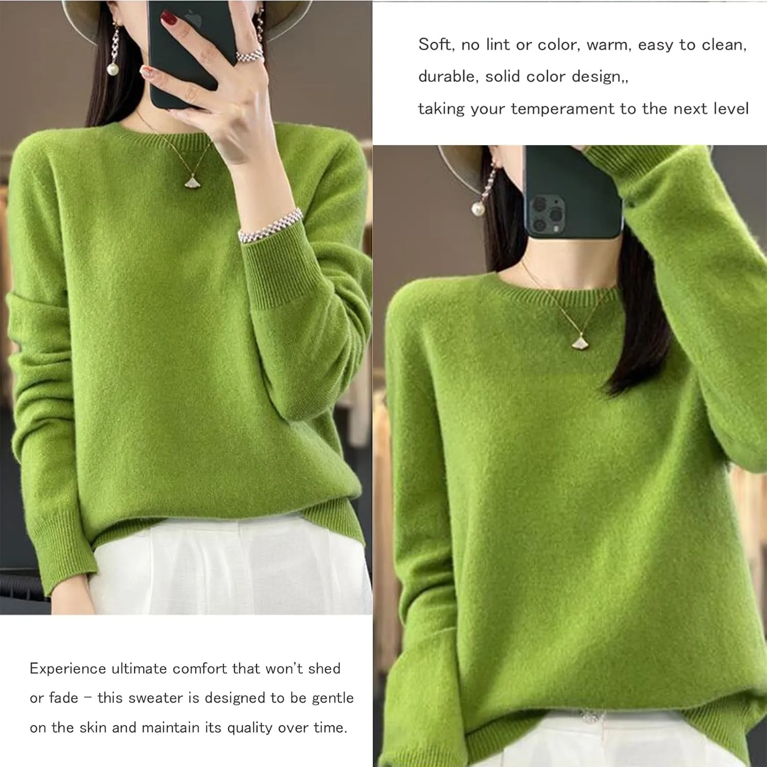 Cashmere Sweaters for Women, 100% Cashmere Crew Neck Warm Light Long Sleeve Elegant Soft Pullover Sweater