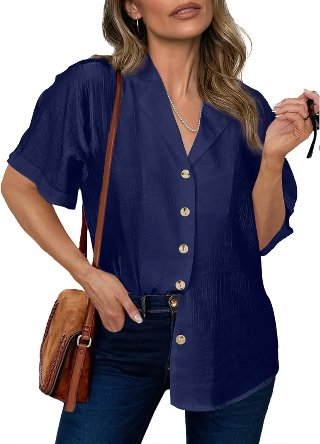 Dokotoo Women's Dressy Casual V Neck Short Sleeve Button Down Shirts Relaxed Work Business Loose Blouses Tops