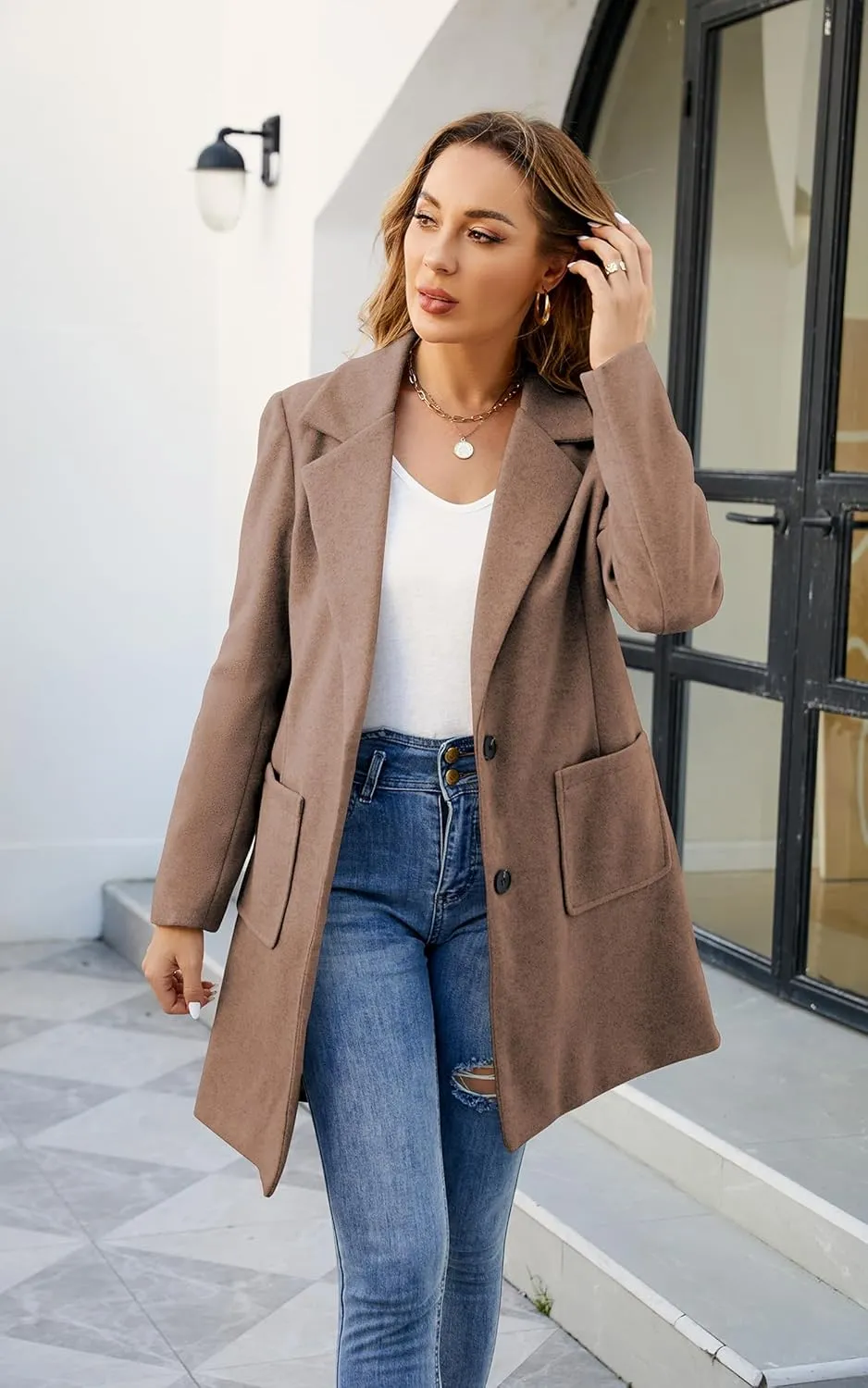 ECOWISH Women Coat Trench Jacket - Winter Long Sleeve Peacoat Fall Mid-Length Lapel Cardigan Overcoat with Pockets