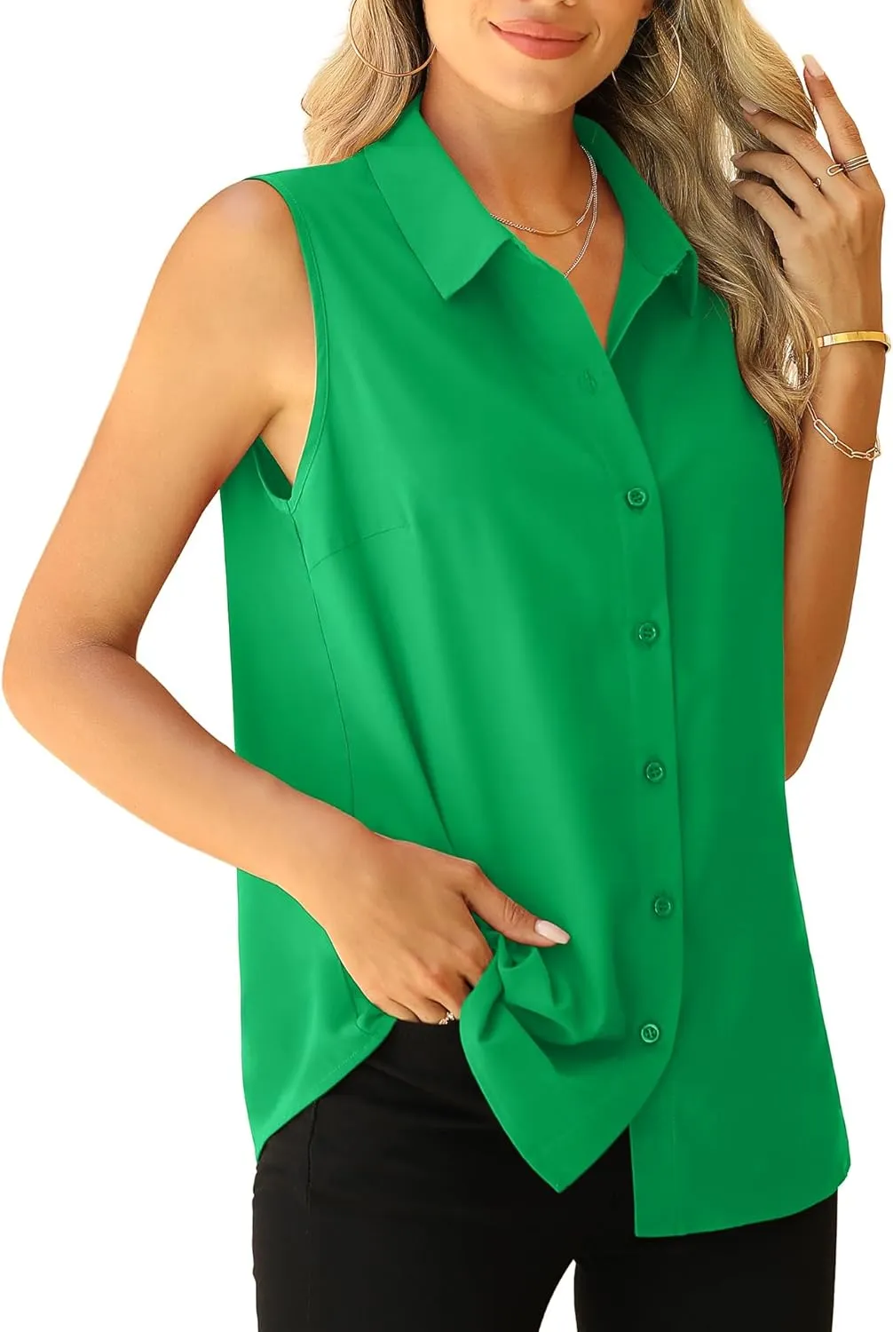 Jouica Womens Sleeveless Blouses Button Down Collared Shirts for Work Casual V Neck Tank Tops
