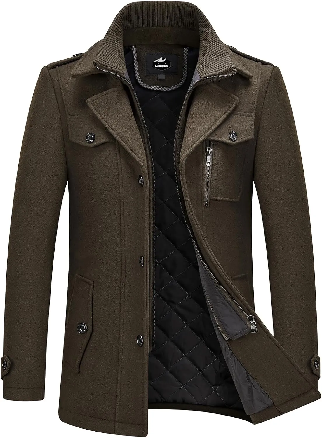 Lamgool Men's Winter Wool Blend Coat Casual Business Single Breasted Peacoat