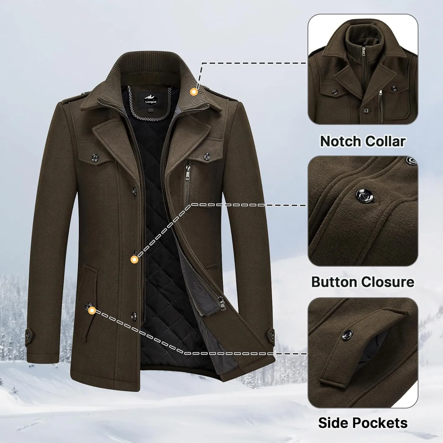 Lamgool Men's Winter Wool Blend Coat Casual Business Single Breasted Peacoat