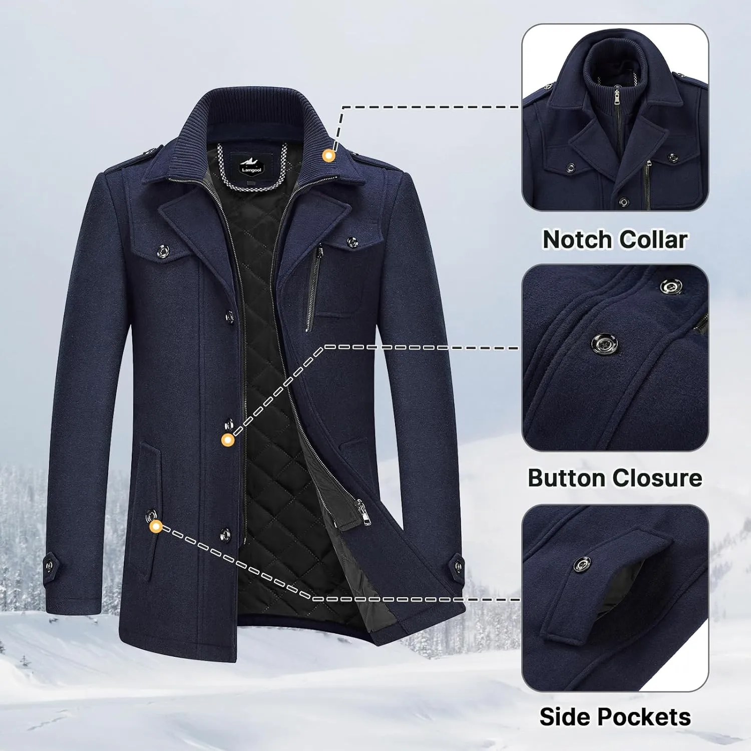 Lamgool Men's Winter Wool Blend Coat Casual Business Single Breasted Peacoat