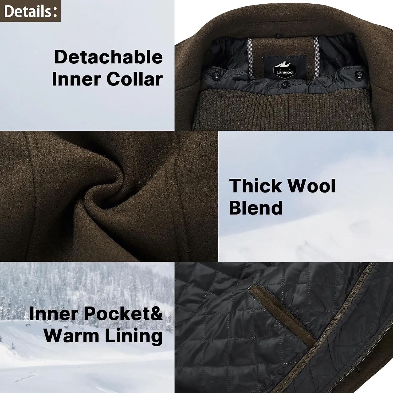 Lamgool Men's Winter Wool Blend Coat Casual Business Single Breasted Peacoat