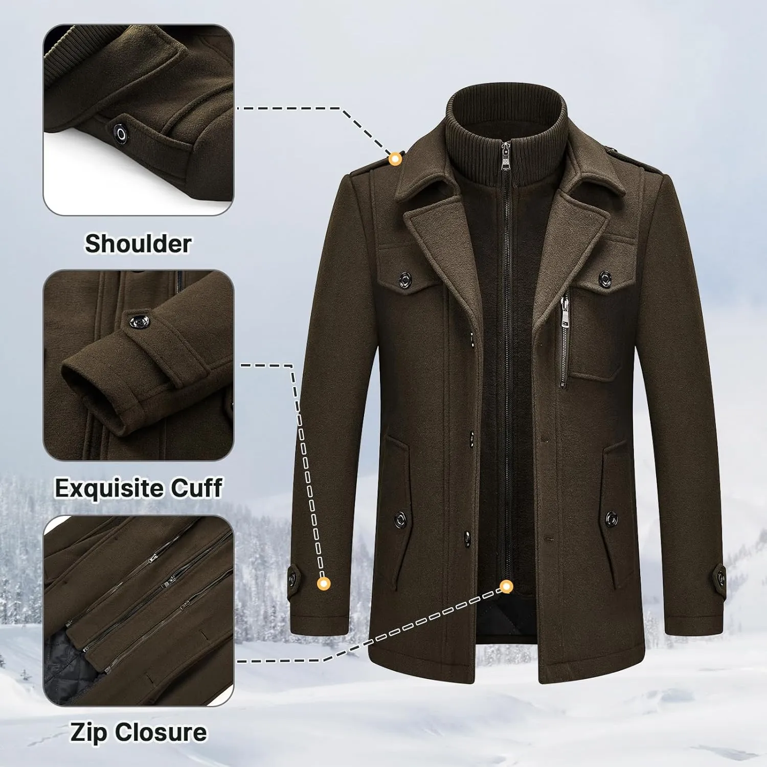 Lamgool Men's Winter Wool Blend Coat Casual Business Single Breasted Peacoat