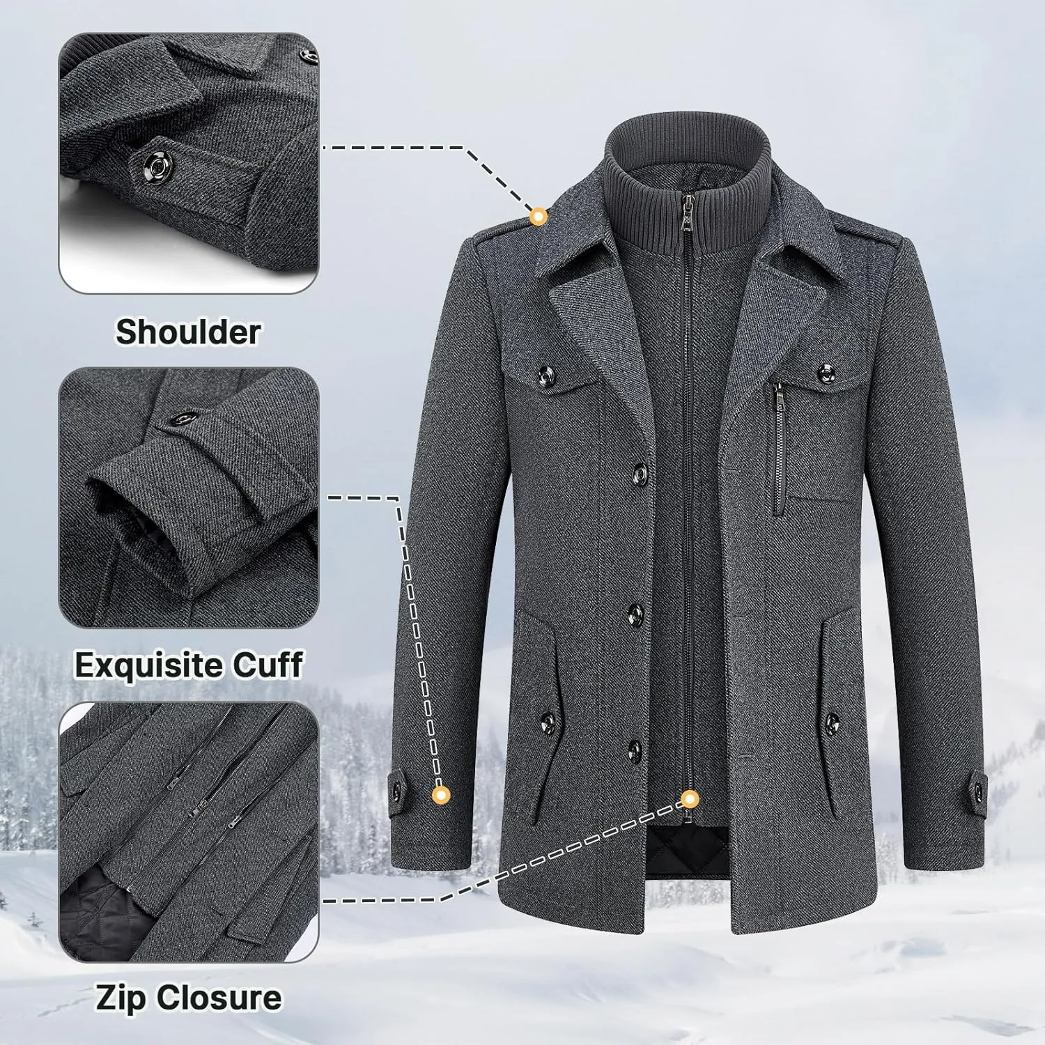 Lamgool Men's Winter Wool Blend Coat Casual Business Single Breasted Peacoat