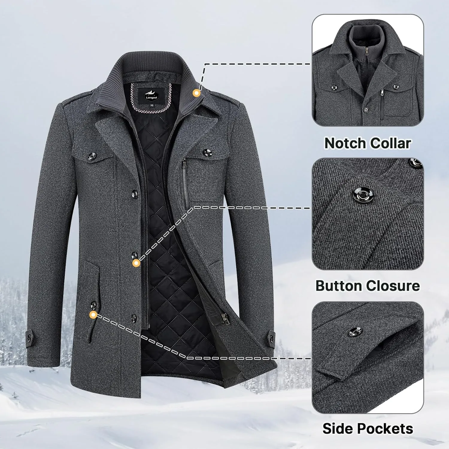 Lamgool Men's Winter Wool Blend Coat Casual Business Single Breasted Peacoat