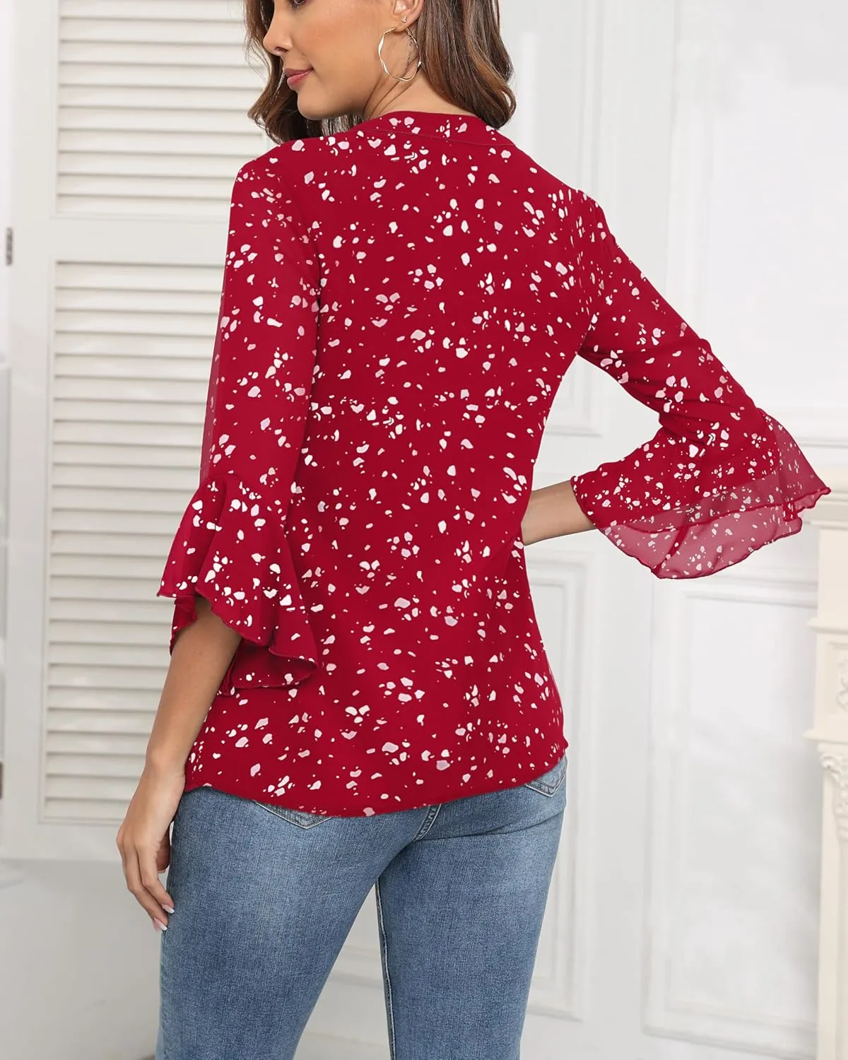 LOUSGUTA Business Casual Tops for Women 3/4 Sleeve Work Blouses Double Layerd Bell Sleeve Ruffle Chiffon Blouses