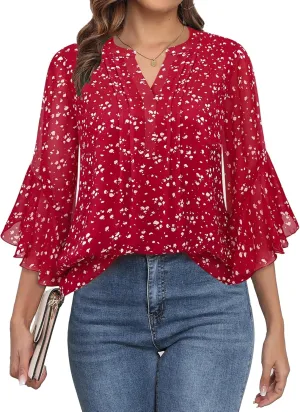 LOUSGUTA Business Casual Tops for Women 3/4 Sleeve Work Blouses Double Layerd Bell Sleeve Ruffle Chiffon Blouses