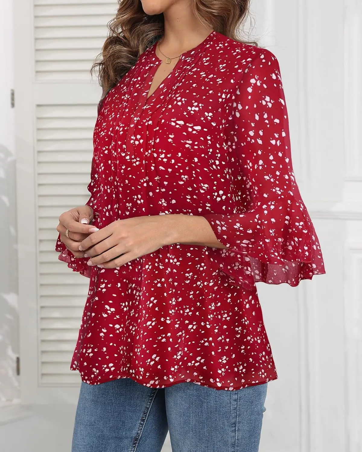 LOUSGUTA Business Casual Tops for Women 3/4 Sleeve Work Blouses Double Layerd Bell Sleeve Ruffle Chiffon Blouses