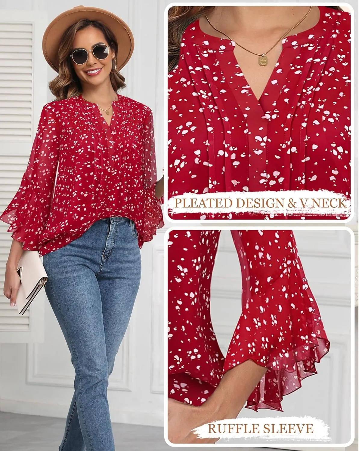 LOUSGUTA Business Casual Tops for Women 3/4 Sleeve Work Blouses Double Layerd Bell Sleeve Ruffle Chiffon Blouses