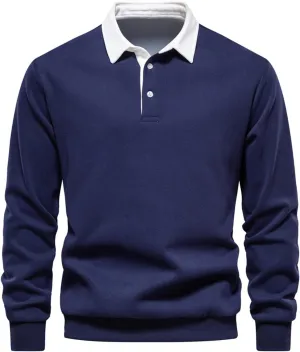 Men's Long Sleeve Polo Shirts Slim-fit Cotton Rugby Shirt Basic Color Spliced Designed Sweatshirt