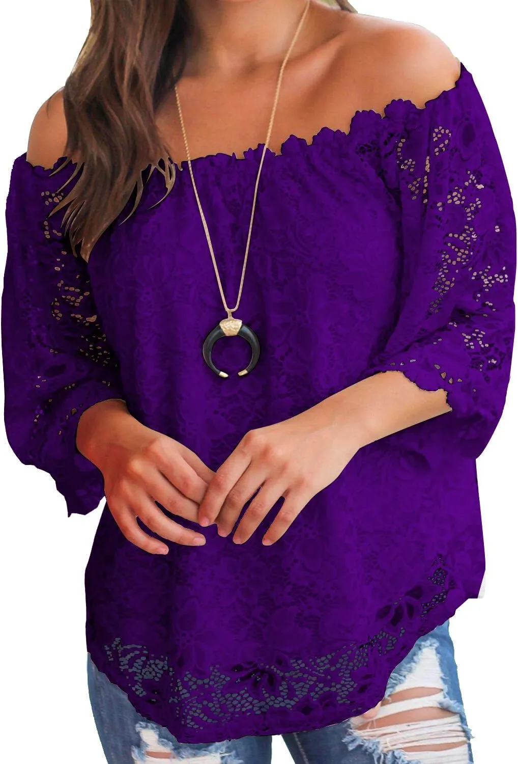 MIHOLL Women's Lace Off Shoulder Tops Casual Loose Blouse Shirts