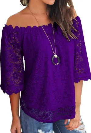 MIHOLL Women's Lace Off Shoulder Tops Casual Loose Blouse Shirts