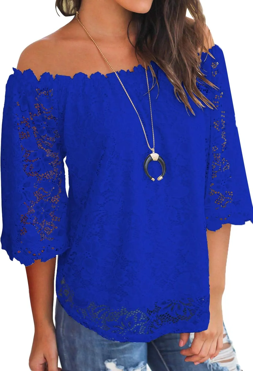 MIHOLL Women's Lace Off Shoulder Tops Casual Loose Blouse Shirts