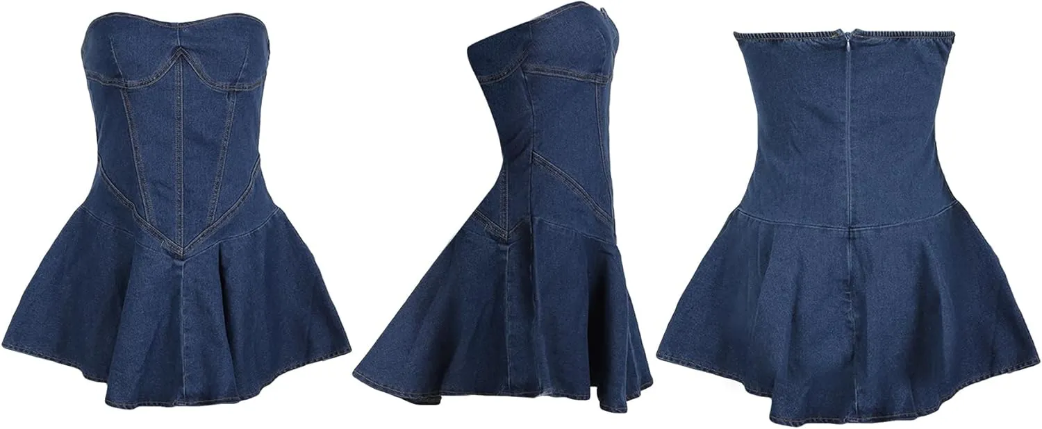 NRTHYE Women's Sexy Strapless Denim Dress Off Shoulder Corset Tube Summer Mini Jean Dresses