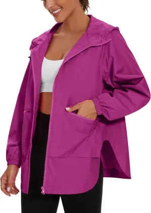 PESION Womens Waterproof Raincoat Lightweight Rain Jacket Trench Coat Hooded Windbreaker With Pockets for Outdoor