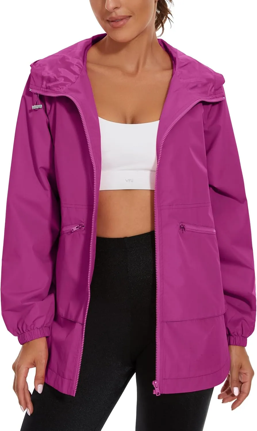 PESION Womens Waterproof Raincoat Lightweight Rain Jacket Trench Coat Hooded Windbreaker With Pockets for Outdoor