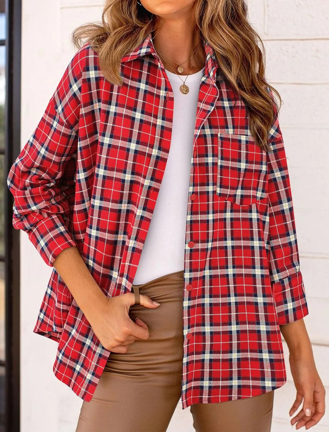 PRETTYGARDEN Women's Fall Long Sleeve Button Down Plaid Shirts Collared Loose Fit Cotton Casual Lightweight Shackets Blouses