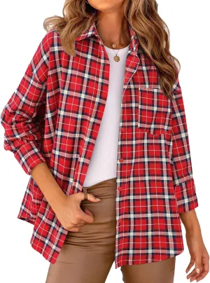 PRETTYGARDEN Women's Fall Long Sleeve Button Down Plaid Shirts Collared Loose Fit Cotton Casual Lightweight Shackets Blouses