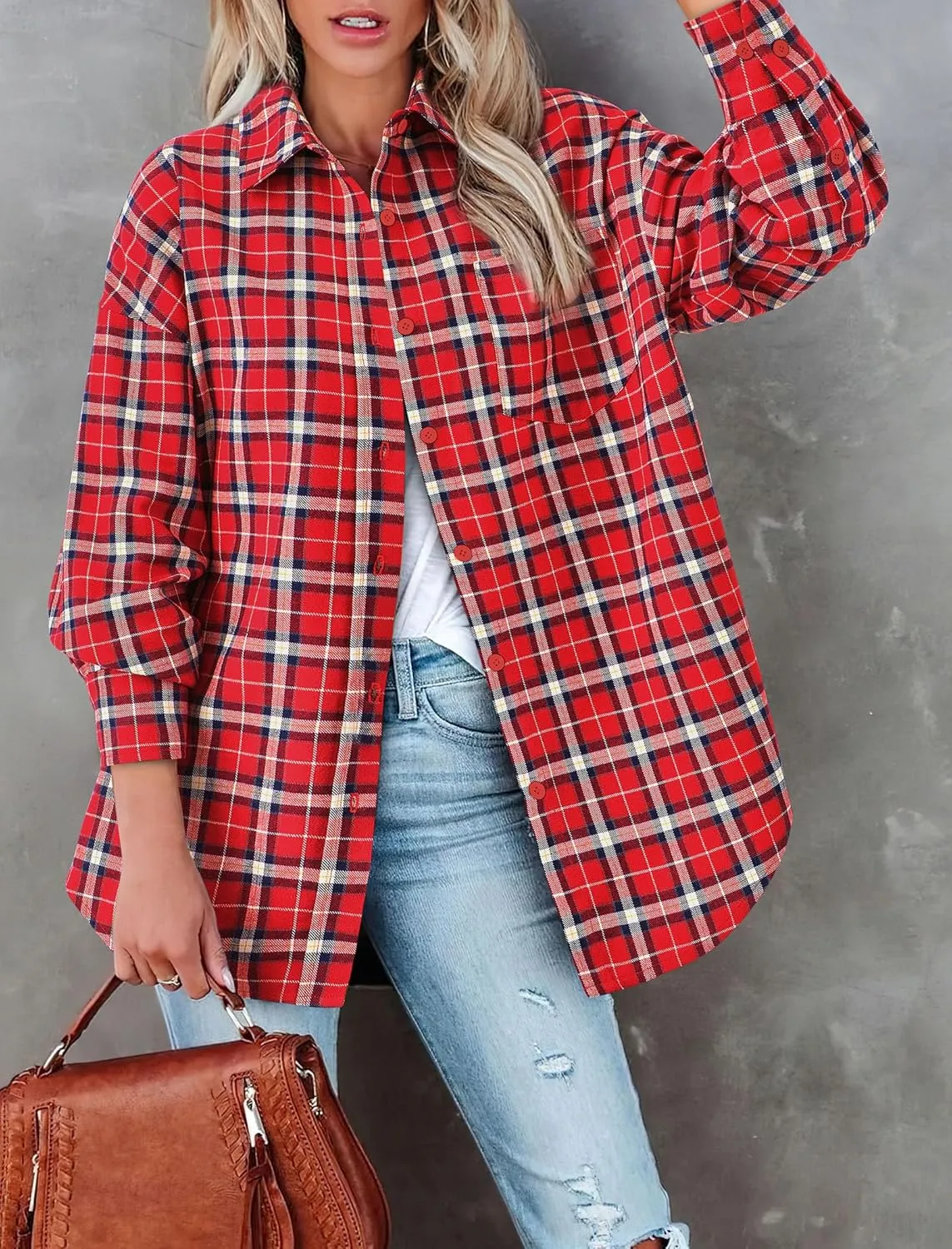 PRETTYGARDEN Women's Fall Long Sleeve Button Down Plaid Shirts Collared Loose Fit Cotton Casual Lightweight Shackets Blouses
