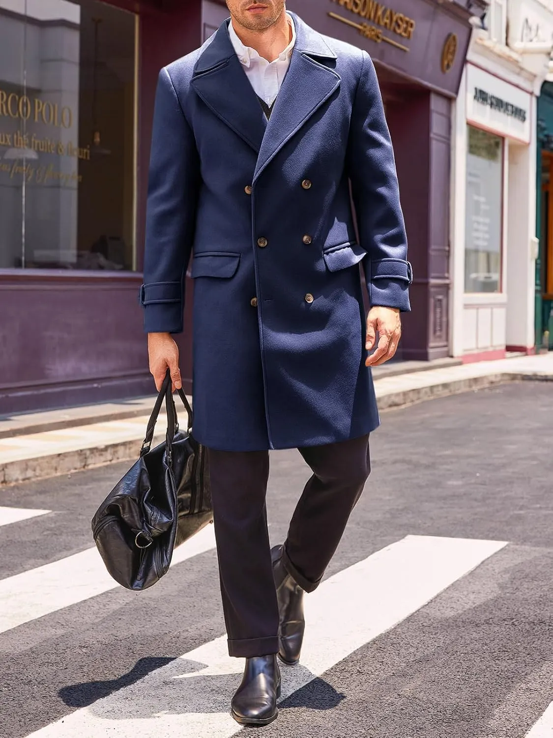 Runcati Mens Double Breasted Trench Coat Mid Long Jacket Notched Lapel Winter Chunky Warm Overcoat