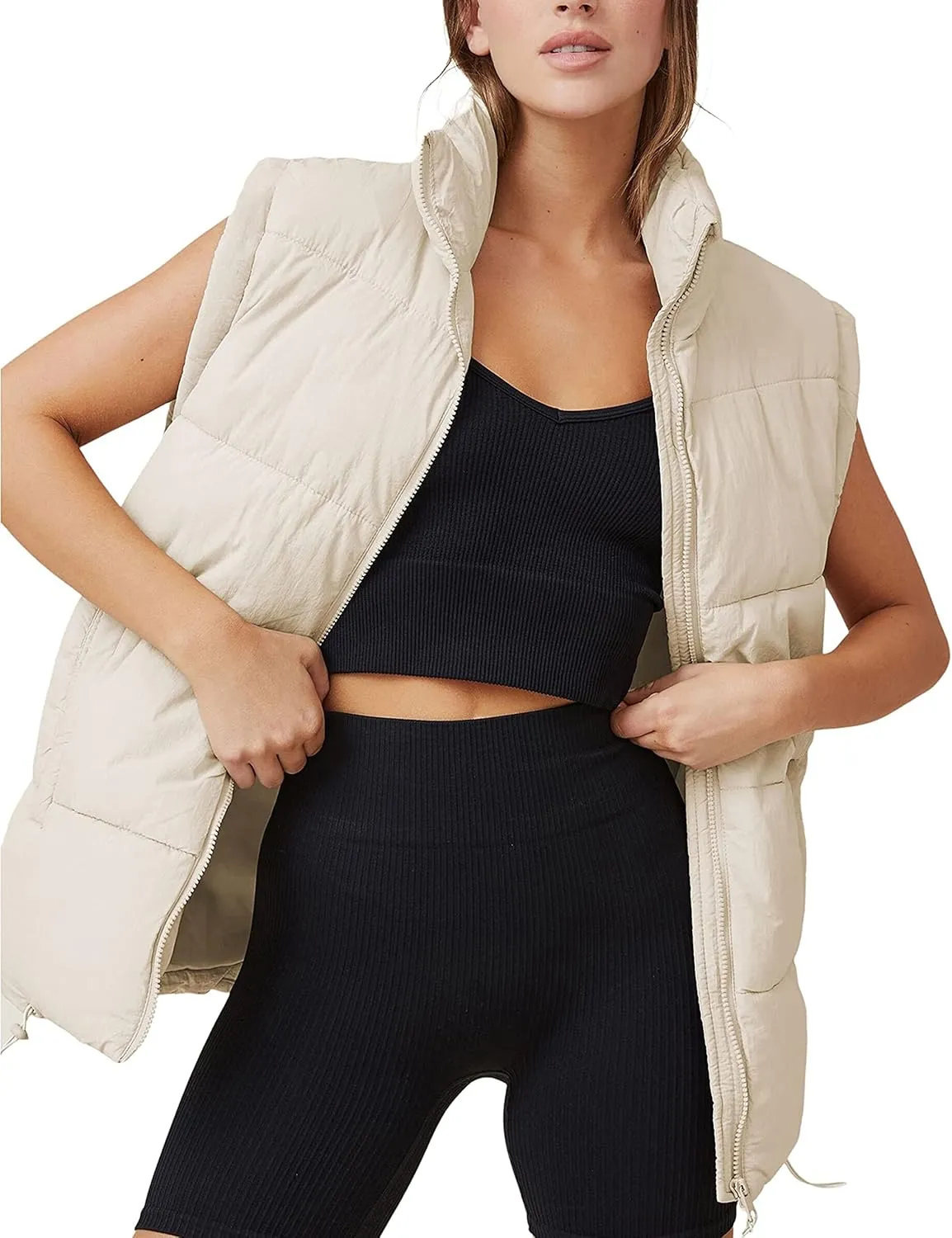Springrain Womens Oversized Quilted Puffer Vest Padded Warm Winter Jacket with Stand Collar Bubble Puffer Gilet
