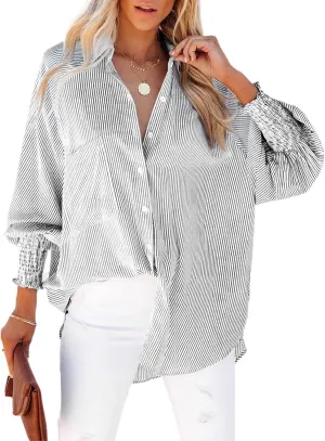 Striped Button Down Shirts for Women Dress Shirt Long Sleeve Smocked Cuffed Oversized Boyfriend Blouse Work Casual Top