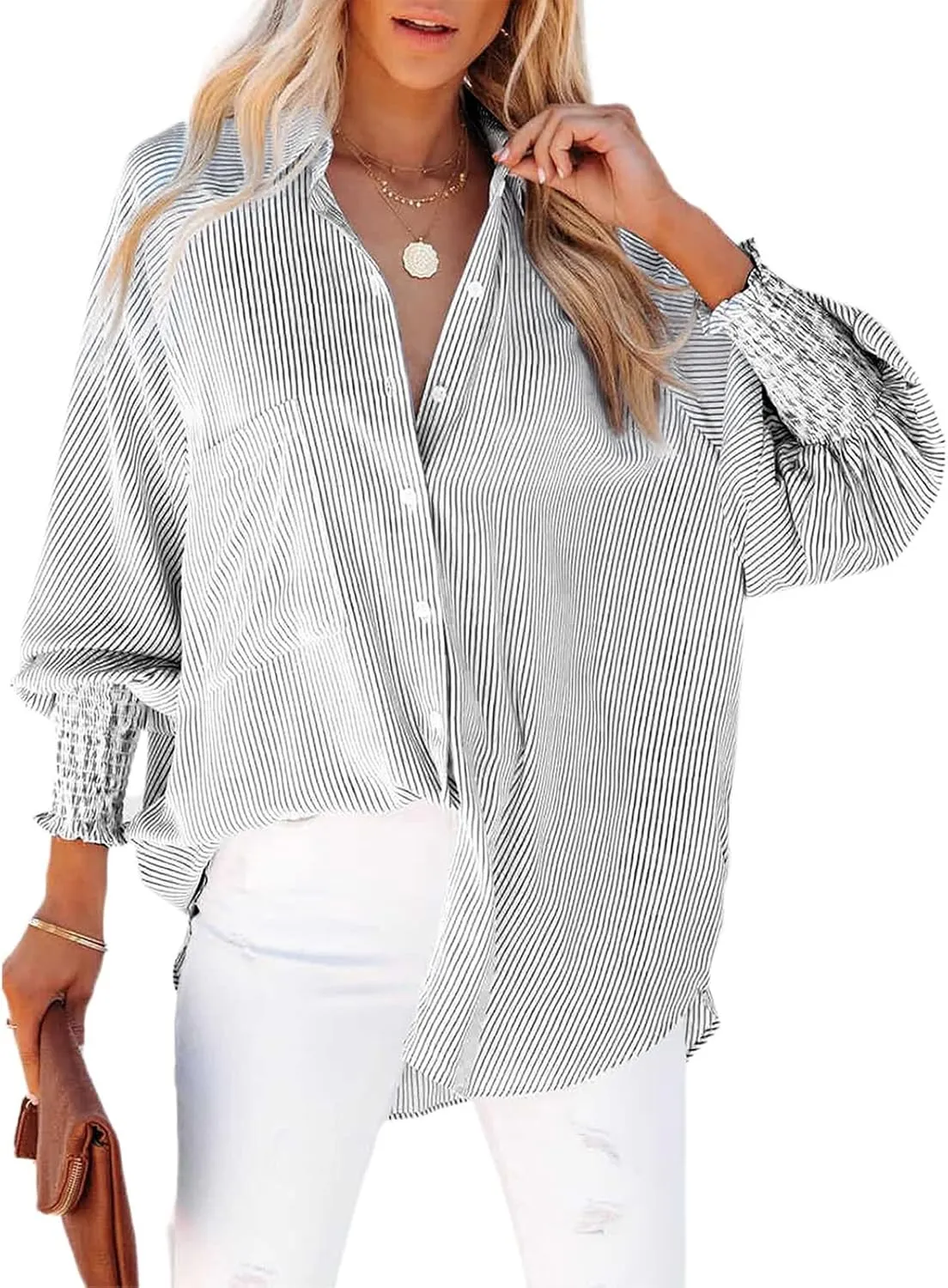 Striped Button Down Shirts for Women Dress Shirt Long Sleeve Smocked Cuffed Oversized Boyfriend Blouse Work Casual Top