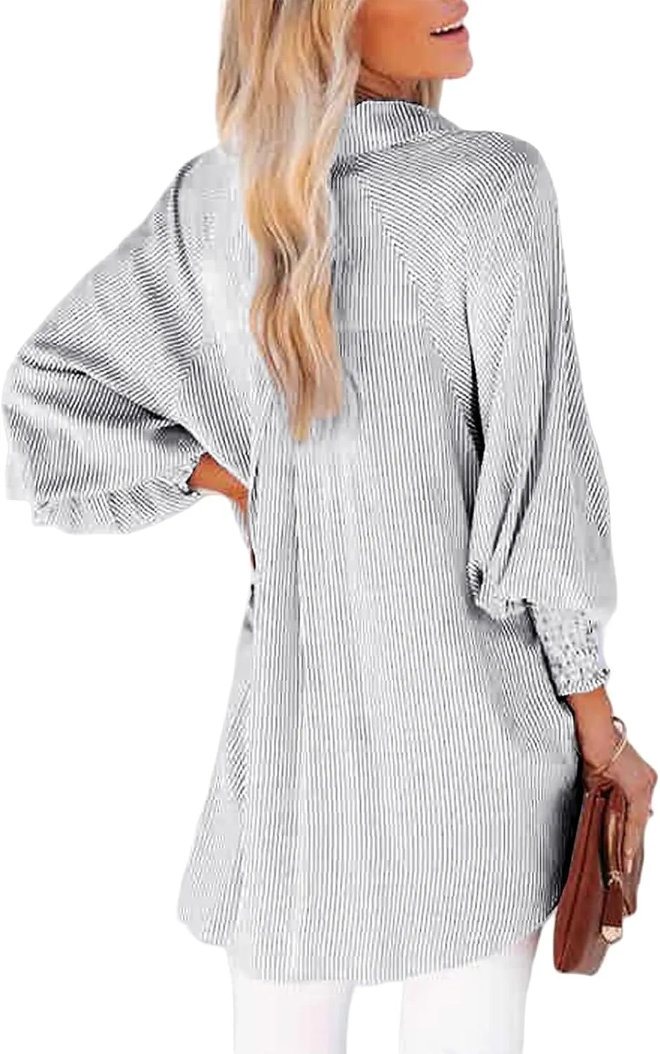 Striped Button Down Shirts for Women Dress Shirt Long Sleeve Smocked Cuffed Oversized Boyfriend Blouse Work Casual Top
