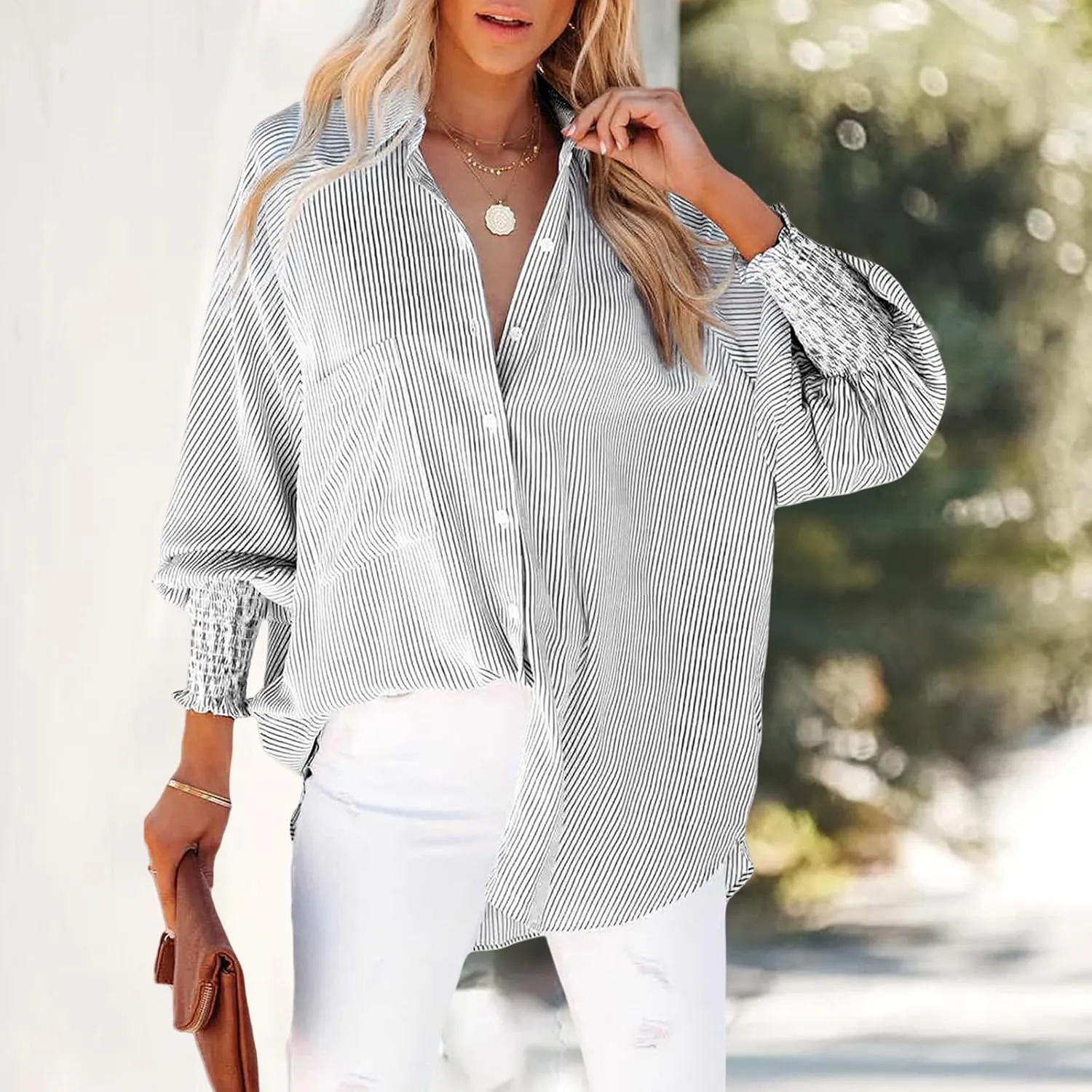 Striped Button Down Shirts for Women Dress Shirt Long Sleeve Smocked Cuffed Oversized Boyfriend Blouse Work Casual Top