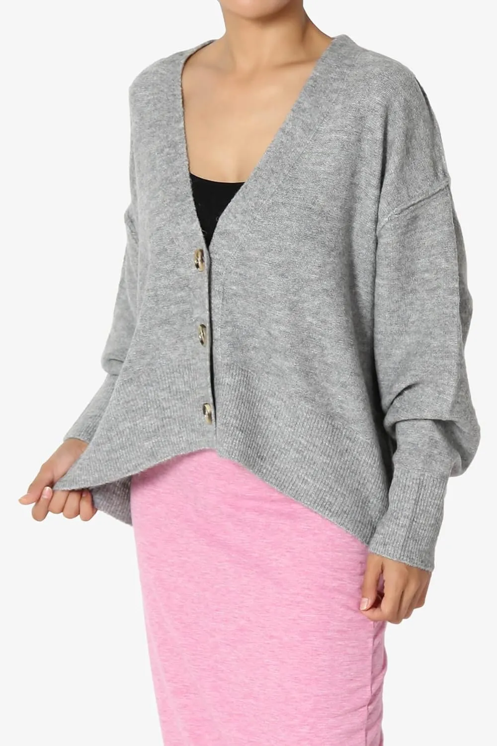 TheMogan S~3X Loose Button Front Long Sleeve Melange Color Knit Cardigan Sweater