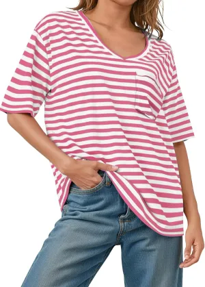 UEU Women Oversized Striped T Shirts Summer V Neck Short Sleeve Cotton Casual Loose Tops Tee Tshirts Trendy Fashion Clothes