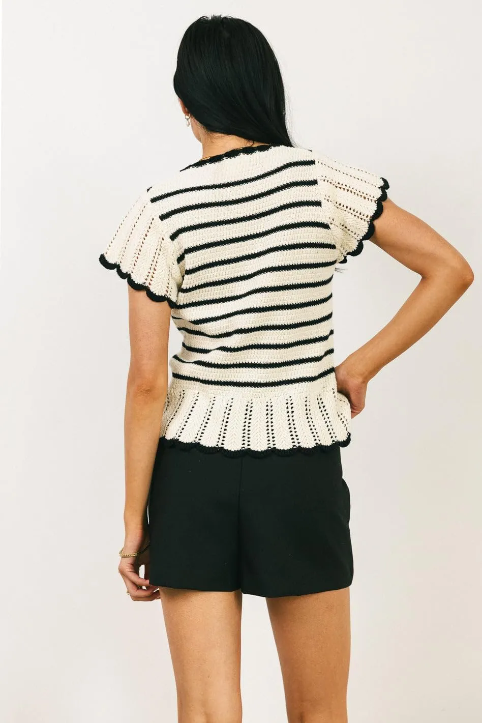 VAOYIU Women's Striped Breeze Crochet Top Cap Sleeve Ruffle Edges Knit Sweater Vest Casual Summer Fashion Cute Shirt